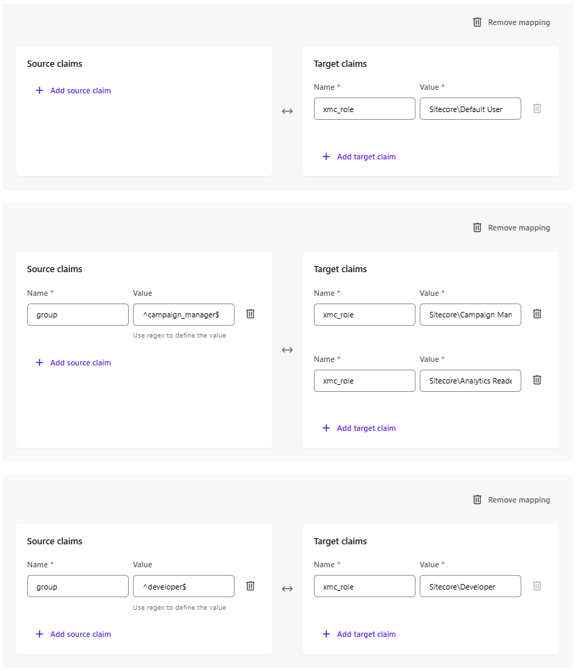 Shows three claims mappings configured in an SSO connection Shows three claims mappings configured in an SSO connection