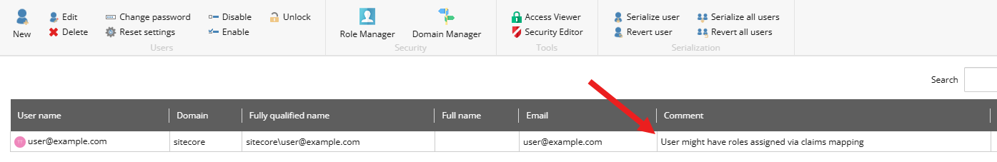 The User Manager showing a comment on the user profile added by the CustomClaims.config The User Manager showing a comment on the user profile added by the CustomClaims.config