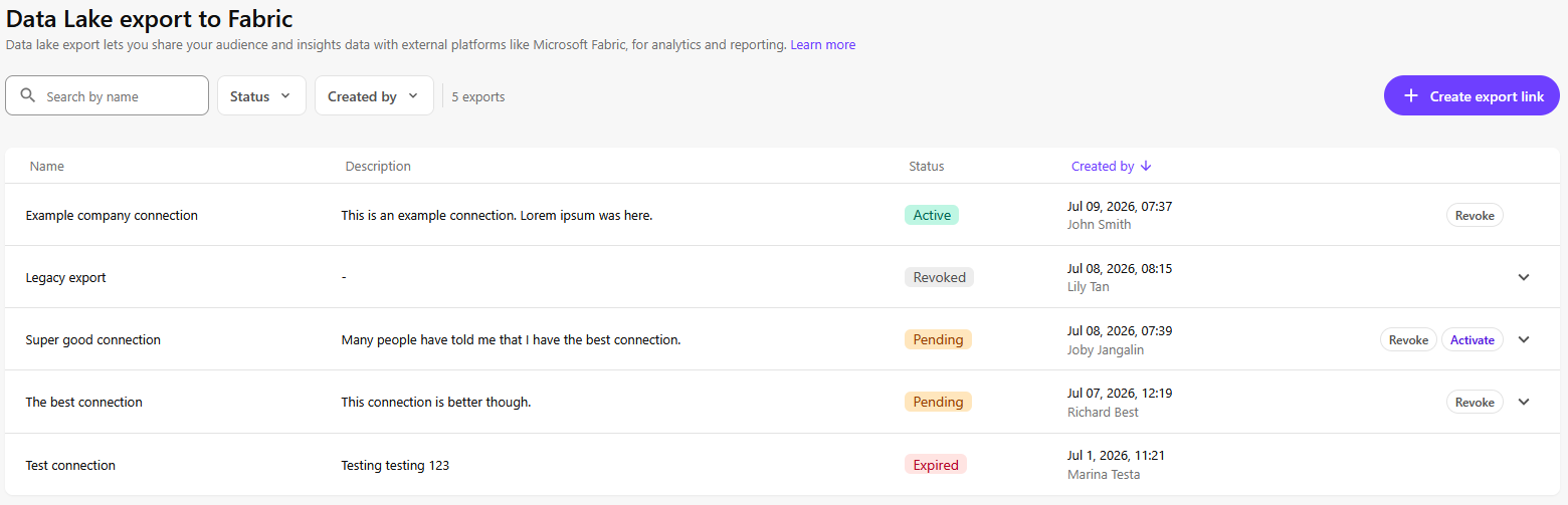 Data lake export page Data lake export page