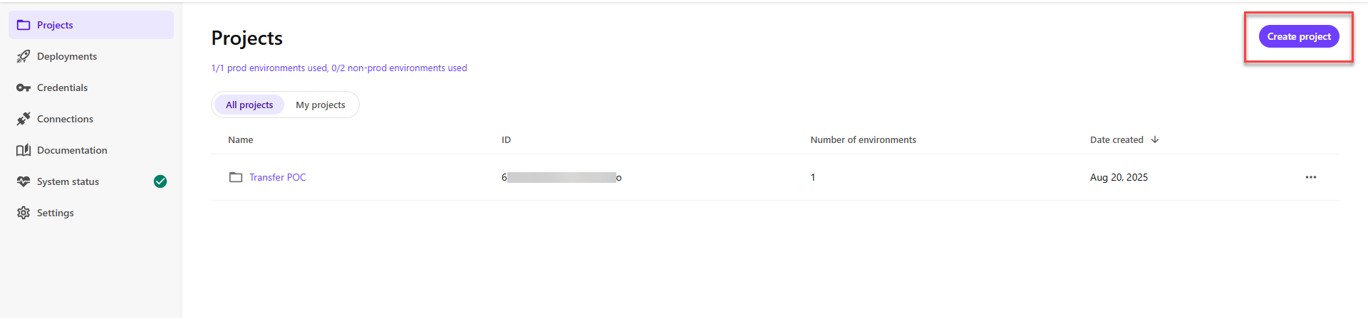 The Create project button in the Deploy app