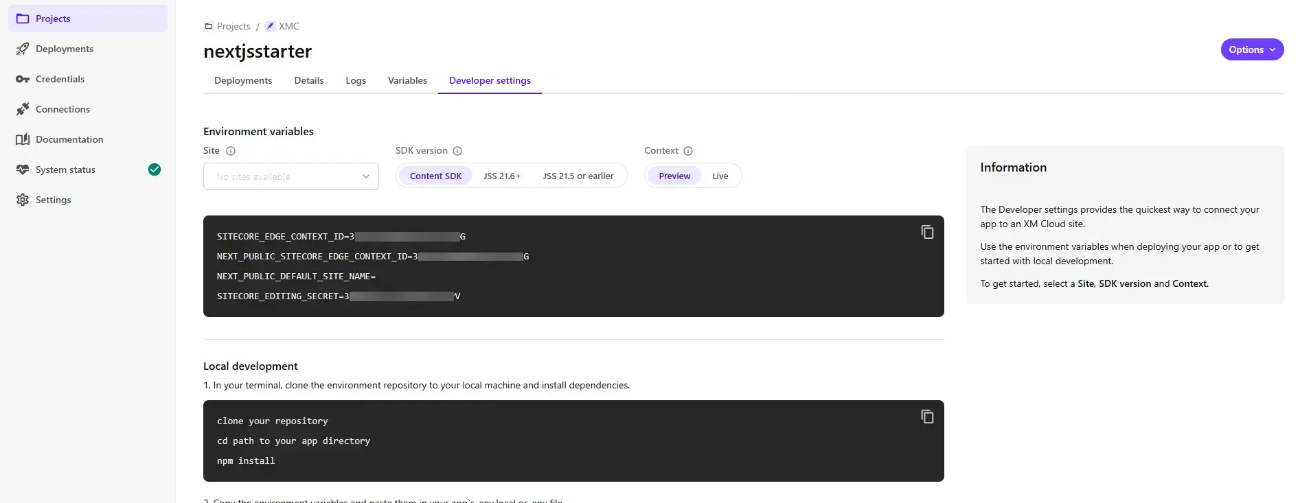 The Developer settings tab for a single environment, containing environment variables. The Developer settings tab for a single environment, containing environment variables.
