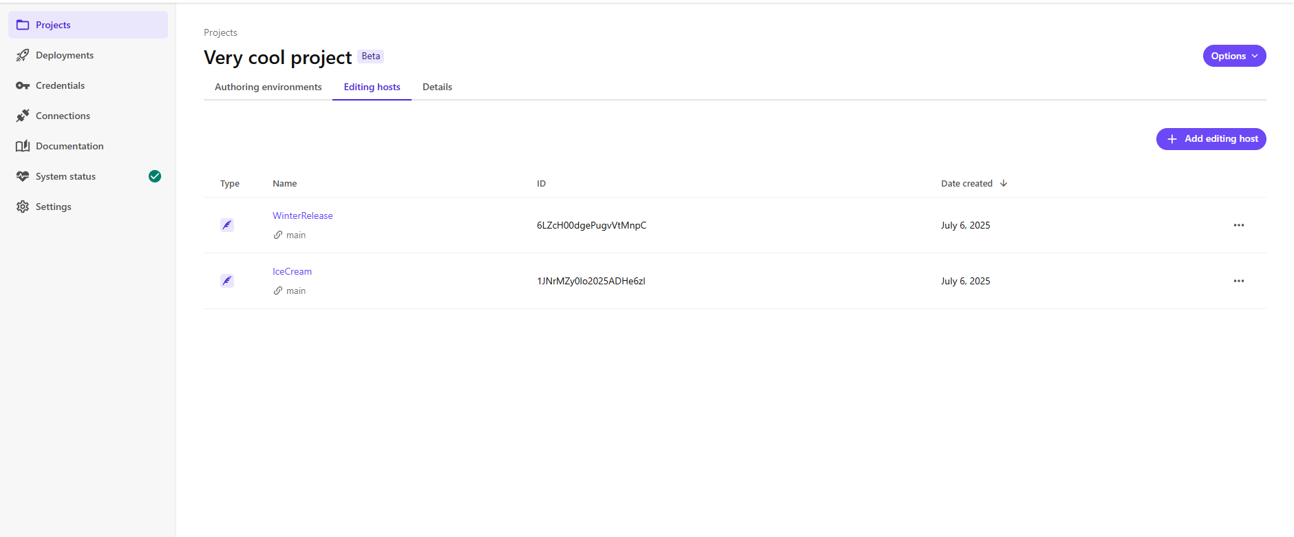 The Editing host tab in a project in the Deploy app, when the beta feature is enabled. The Editing host tab in a project in the Deploy app, when the beta feature is enabled.