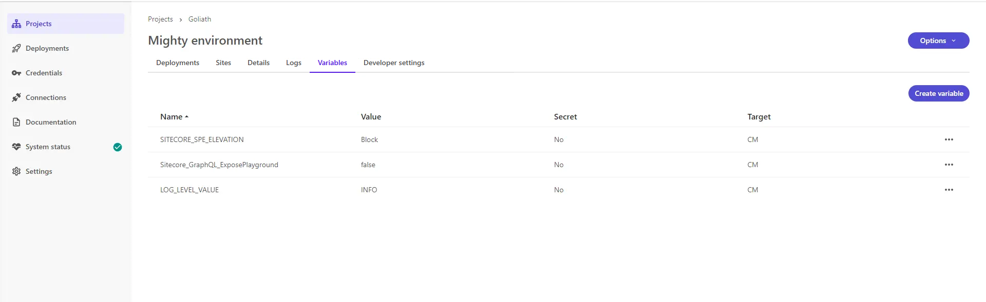 Variables tab