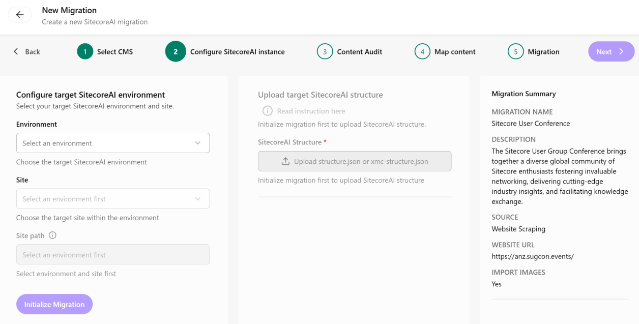 Second step in the SitecoreAI Pathway migration wizard Second step in the SitecoreAI Pathway migration wizard