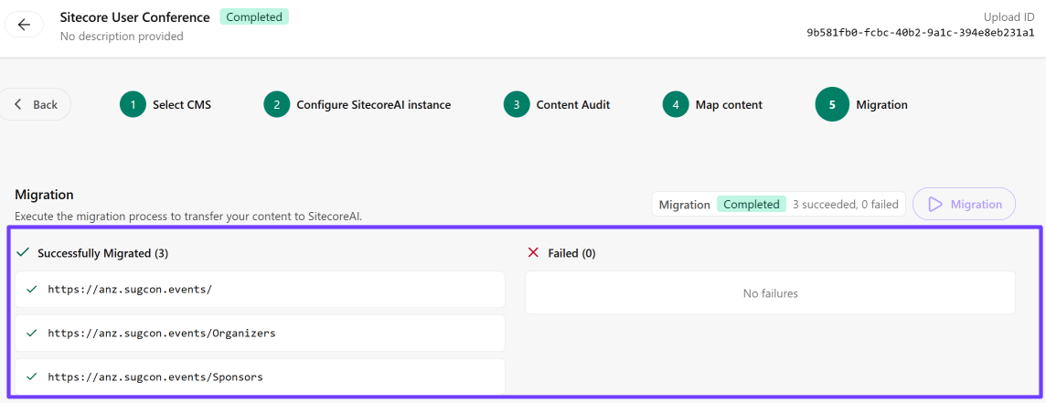 Highlight of the migration success and failure lists