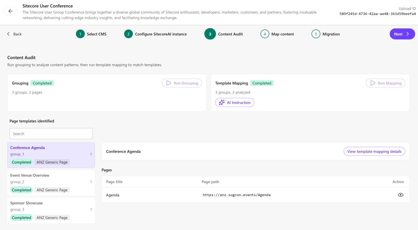 Template match details button, which displays the template name, ID, and details