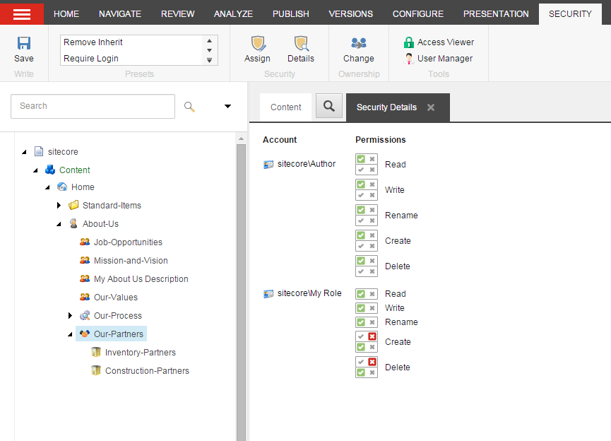 The Security Details tab in the Content Editor in Sitecore The Security Details tab in the Content Editor in Sitecore