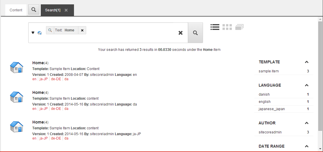 The search results in the Content Editor. The search results in the Content Editor.