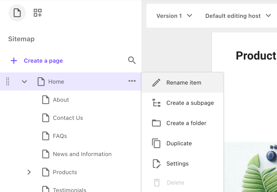 The Action menu in the Site tree. The Action menu in the Site tree.