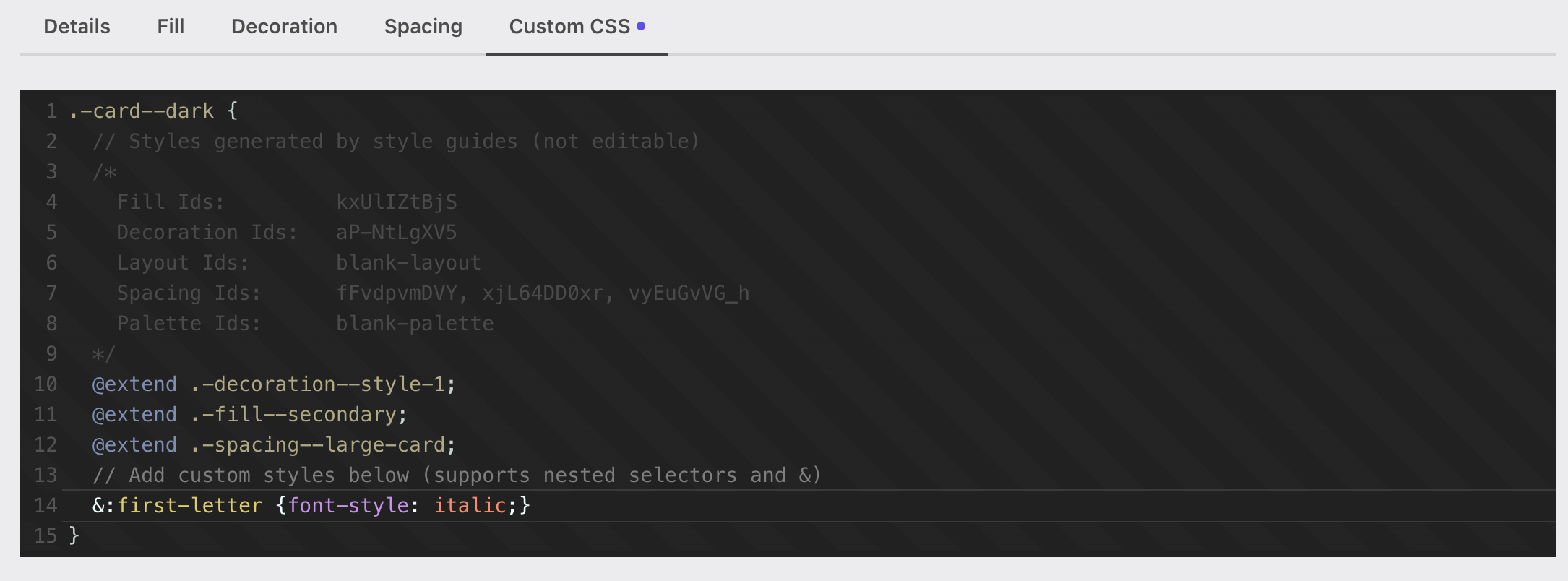 Example of custom CSS code editor with customization. Example of custom CSS code editor with customization.