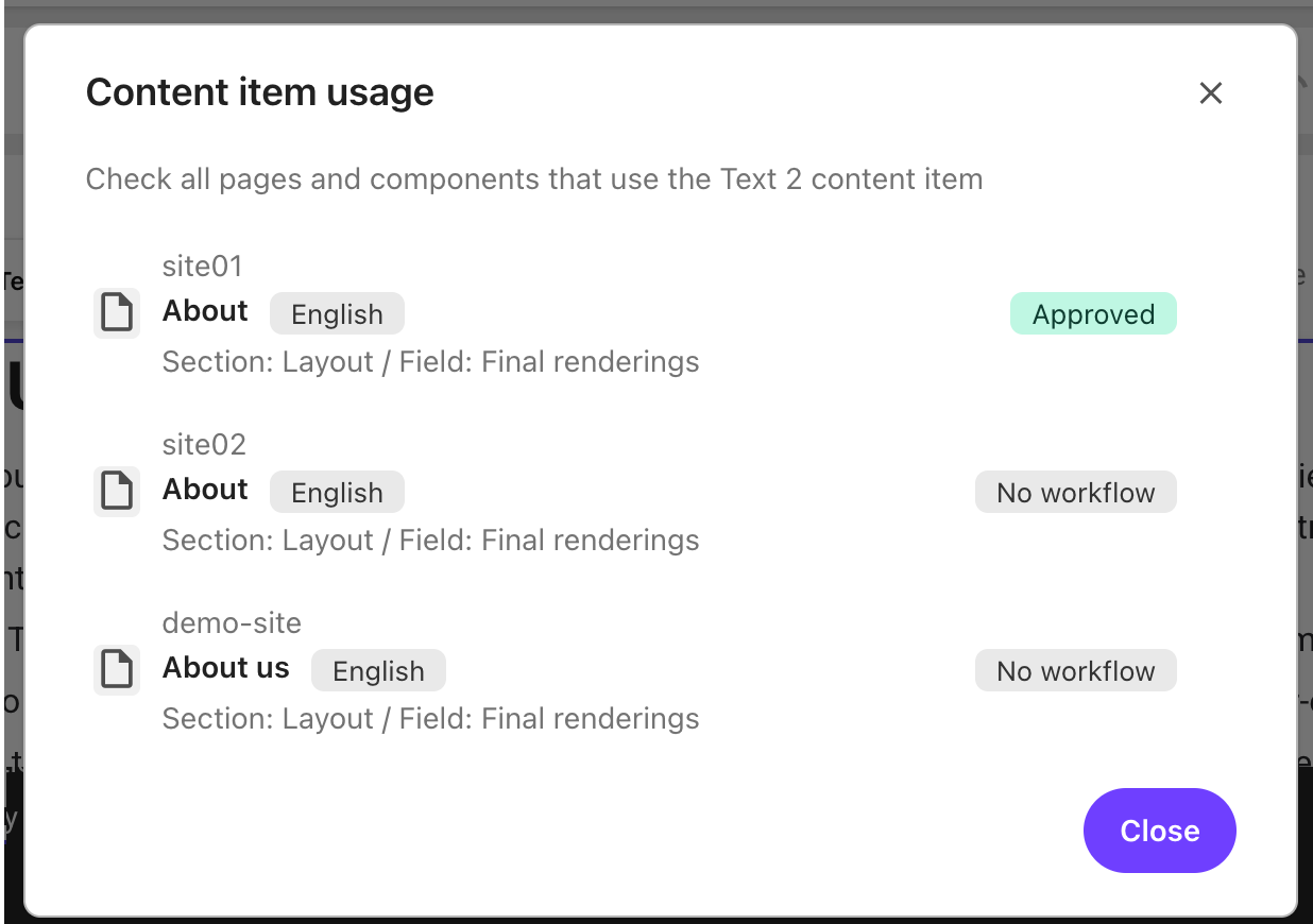 The Content item usage dialog The Content item usage dialog