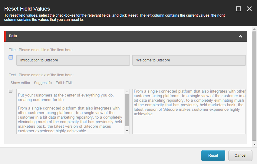 The Reset Field Values dialog box The Reset Field Values dialog box