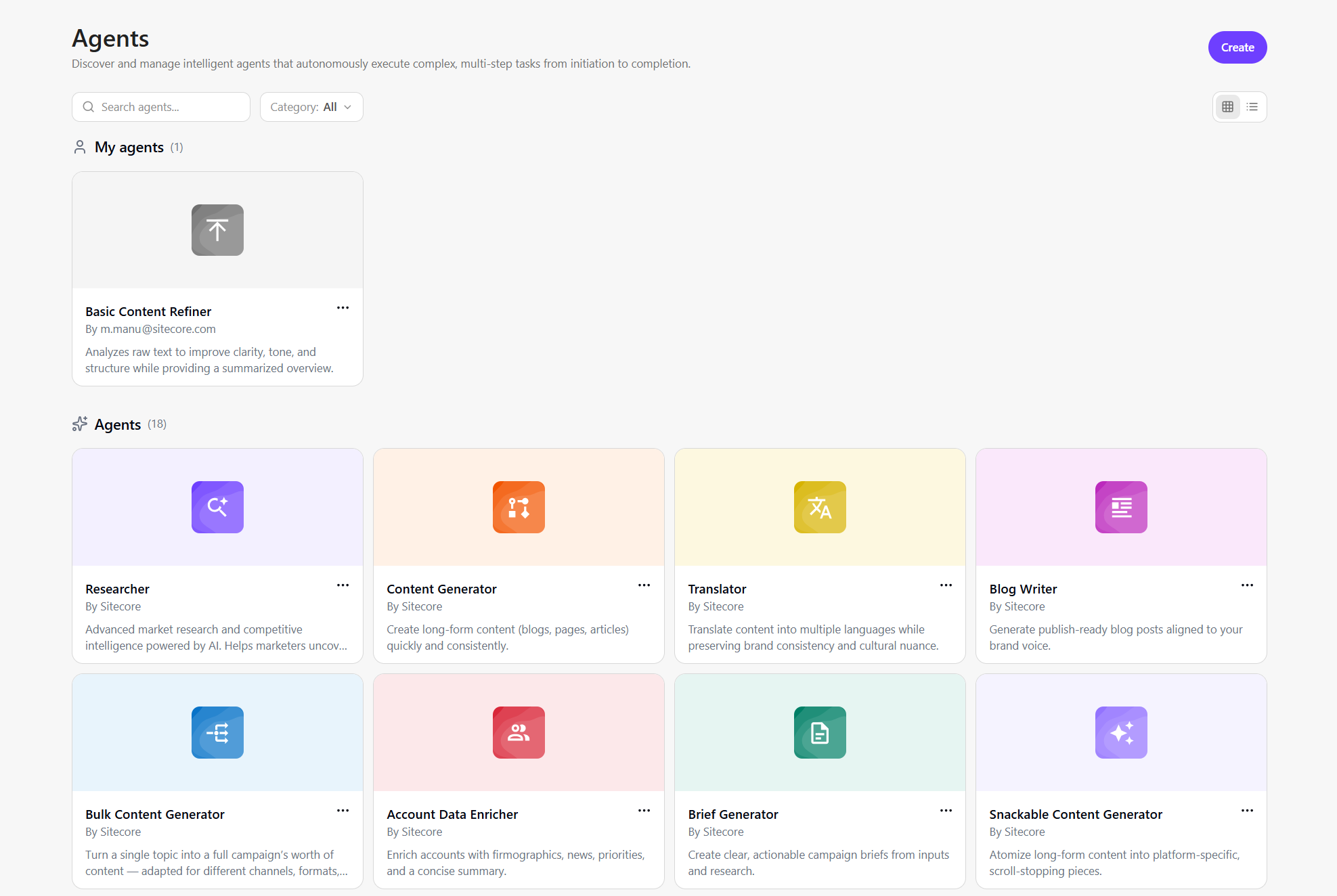 The Agents page is where you can find, run, and manage agents.
