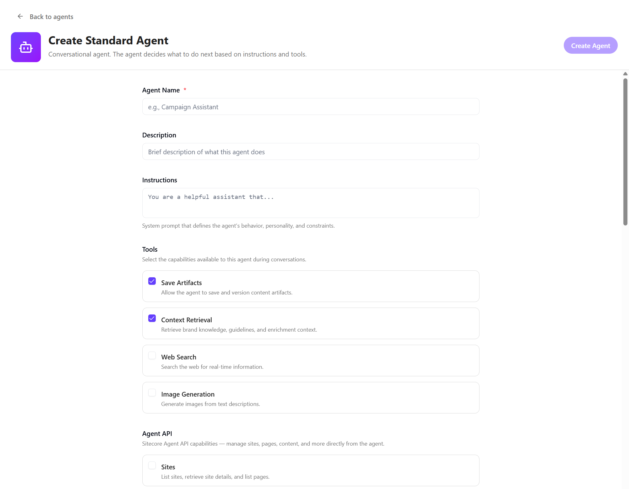 Screenshot of the page to create a standard agent Screenshot of the page to create a standard agent
