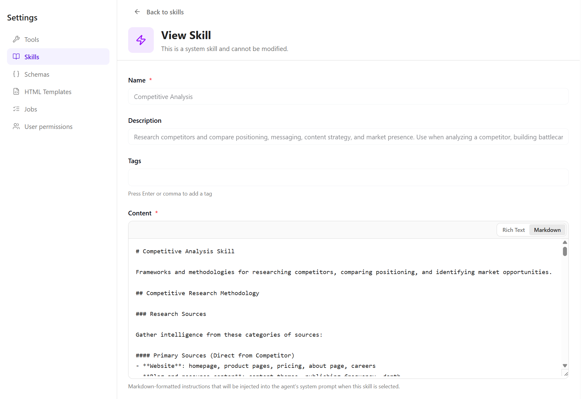 View skill page in the Settings View skill page in the Settings