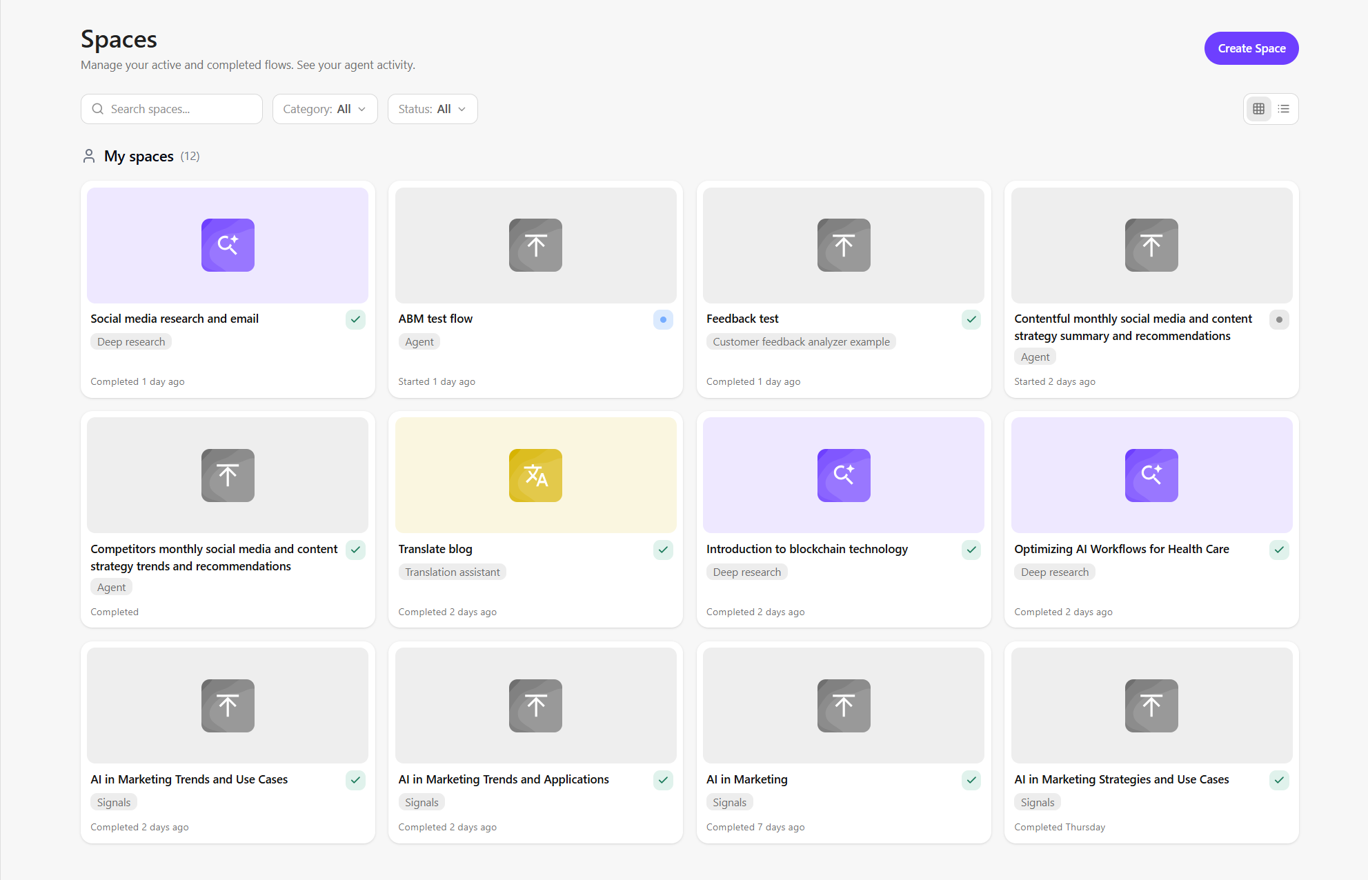The Spaces page is where you view agents and flows history and outputs. The Spaces page is where you view agents and flows history and outputs.