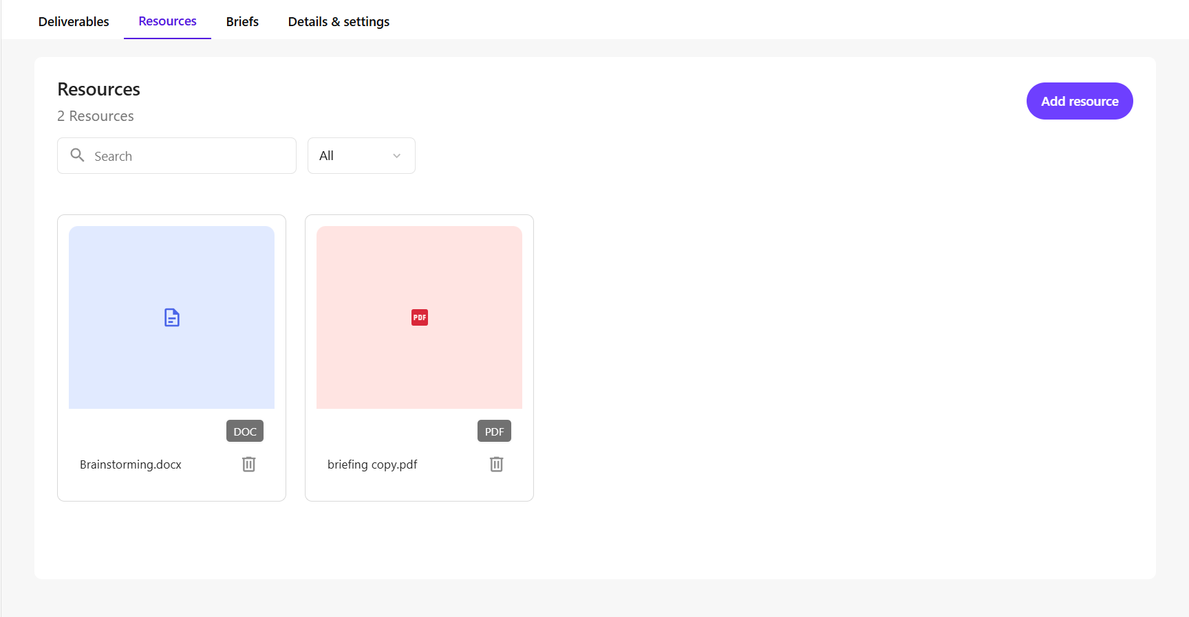 The Resources tab displays all files and documents associated with the project.