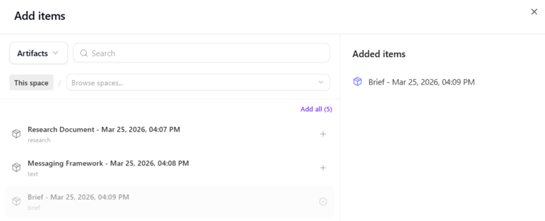 Click Add items and select one or more items for the agent to act on to generate the output. Click Add items and select one or more items for the agent to act on to generate the output.