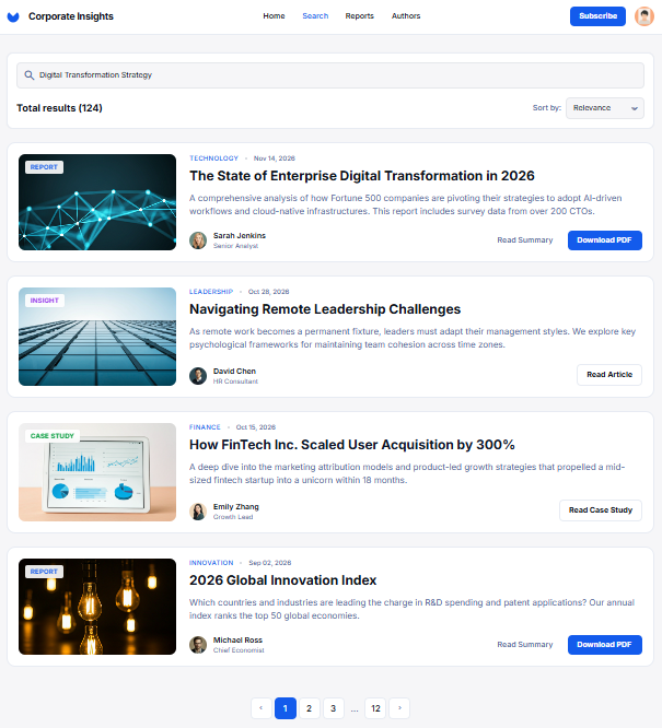 A search experience showing articles about digital transformation strategy.