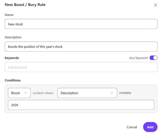 The New Boost/Bury Rule menu.