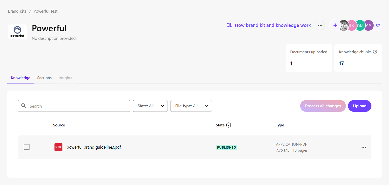 The brand kit consists of the Knowledge and Section tabs.