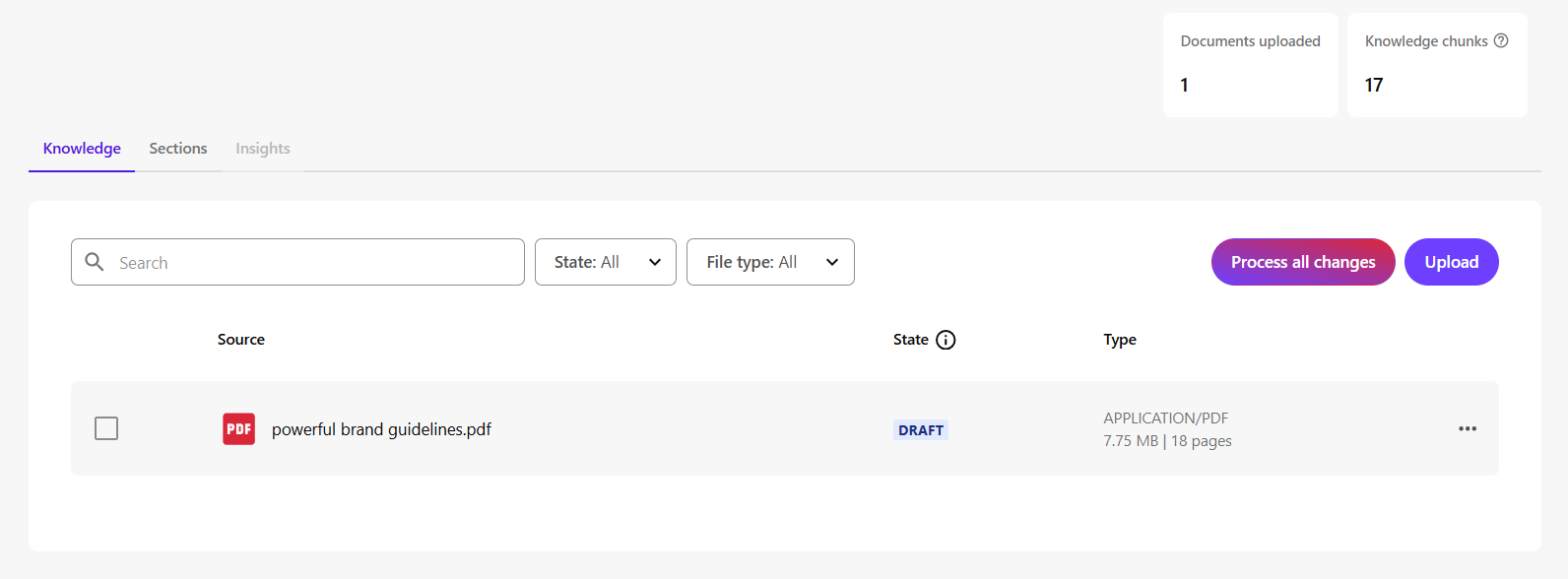 The uploaded file appears with a Draft status. The uploaded file appears with a Draft status.