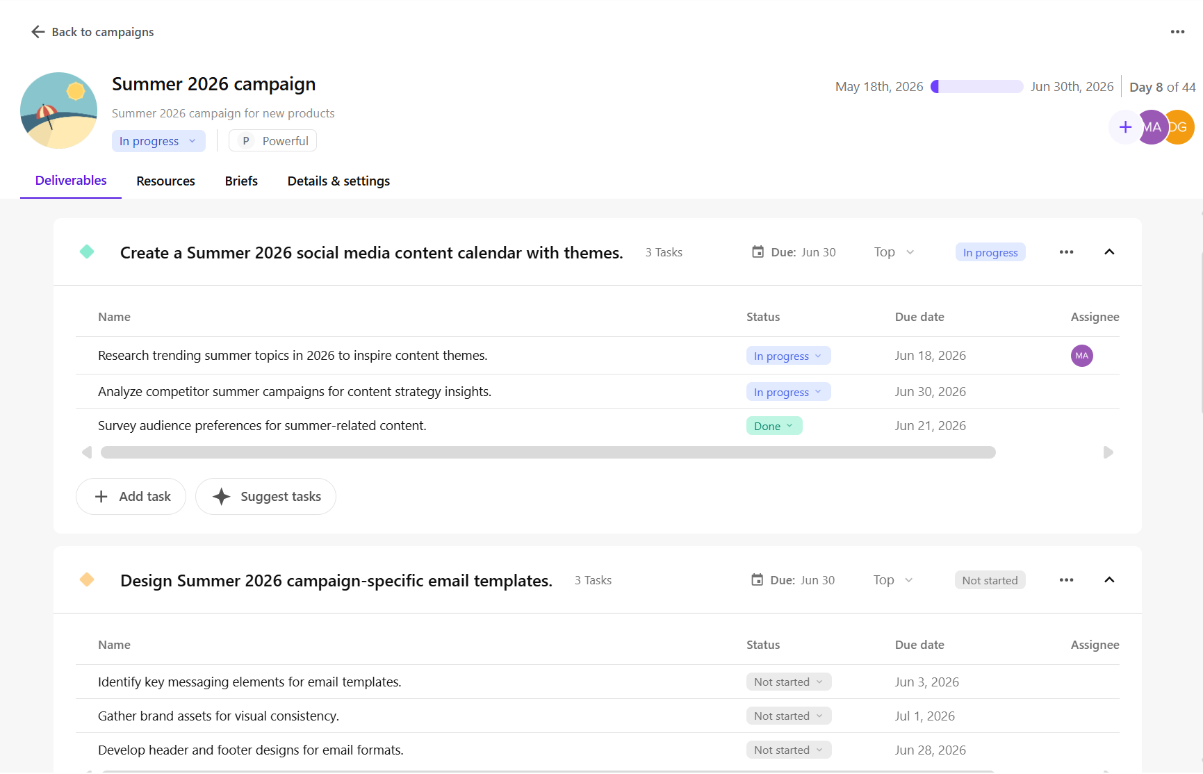 The List tab on the Overview page shows the structure of deliverables and tasks within a campaign. The List tab on the Overview page shows the structure of deliverables and tasks within a campaign.