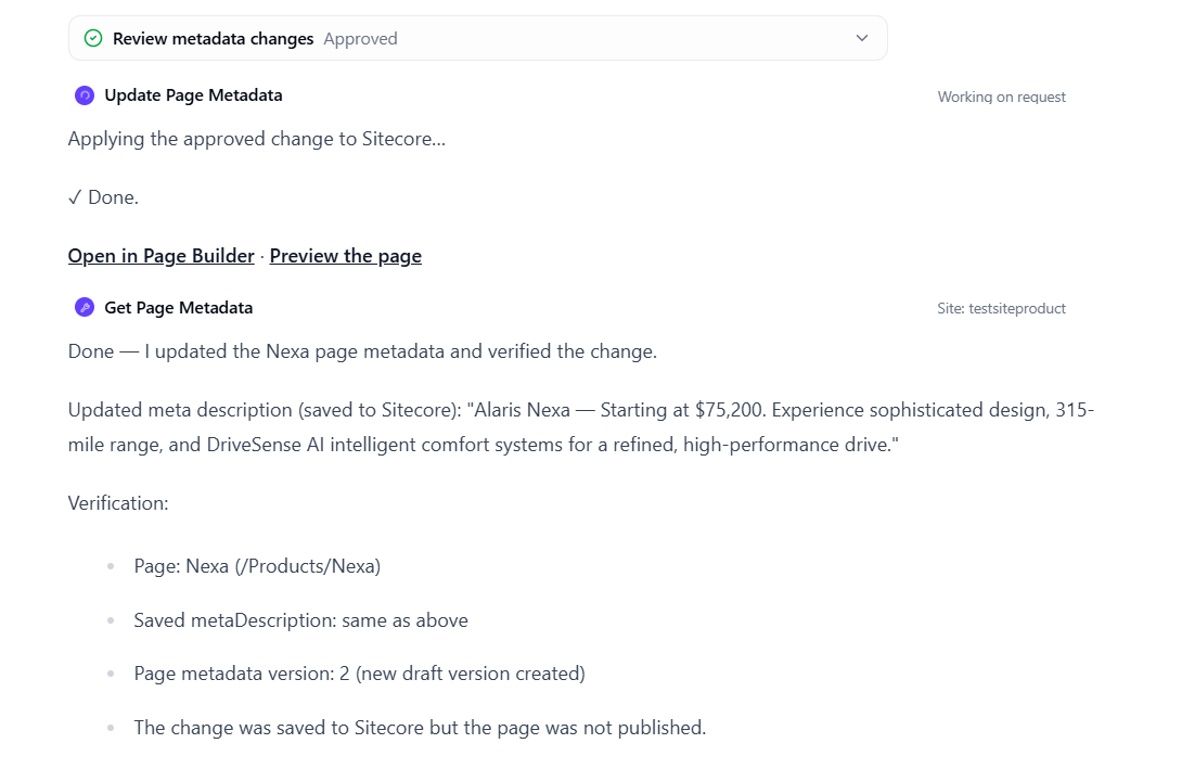 Screenshot of the AI-generated response after applying proposed changes, confirming the update and providing links to open or preview the page. Screenshot of the AI-generated response after applying proposed changes, confirming the update and providing links to open or preview the page.