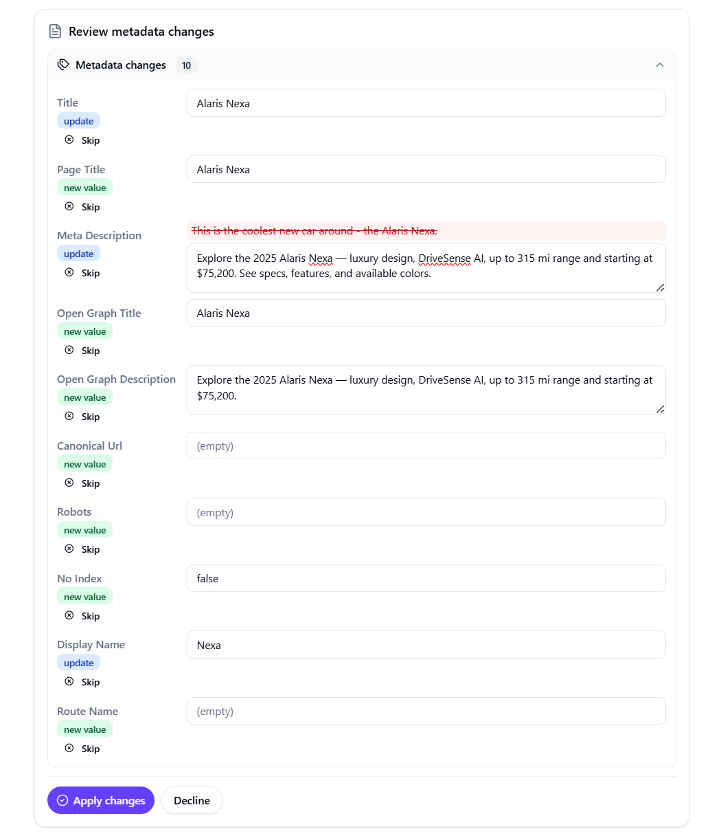 Screenshot showing the review card displayed after the AI agent finishes working on the request, which includes the changes it proposes. Screenshot showing the review card displayed after the AI agent finishes working on the request, which includes the changes it proposes.