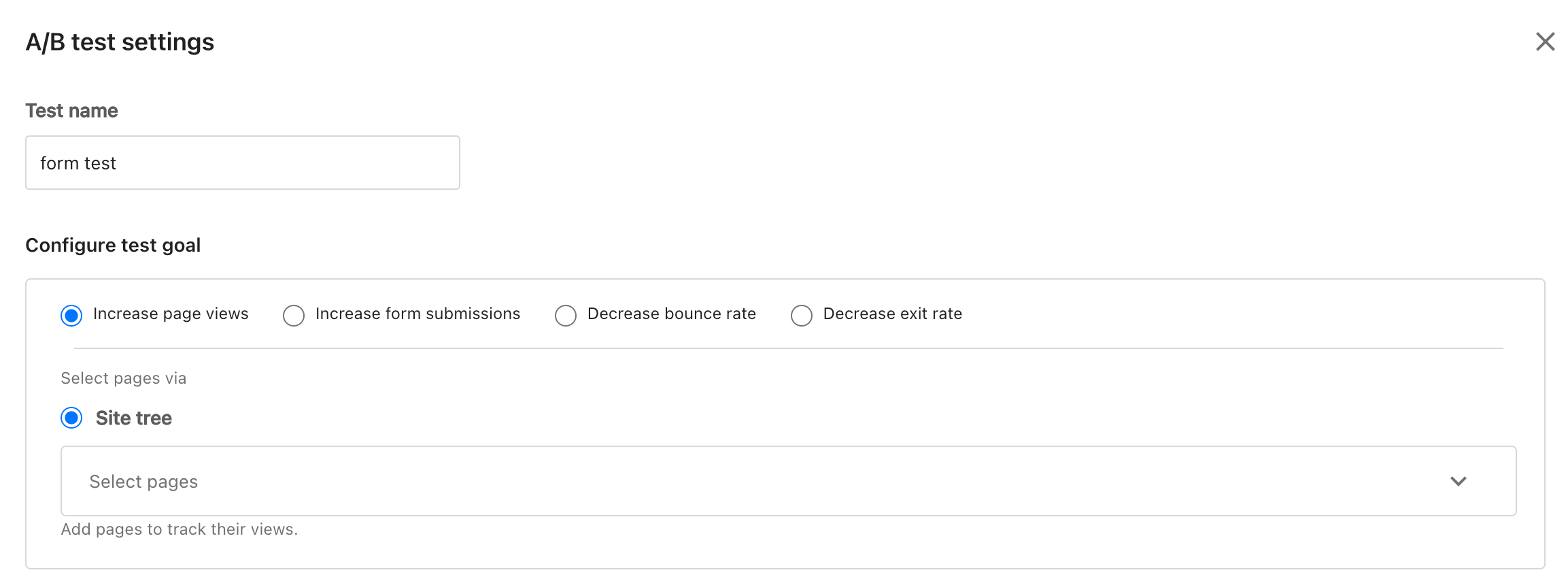 Choose the goal of your test in the A/B/n test settings dialog. Choose the goal of your test in the A/B/n test settings dialog.