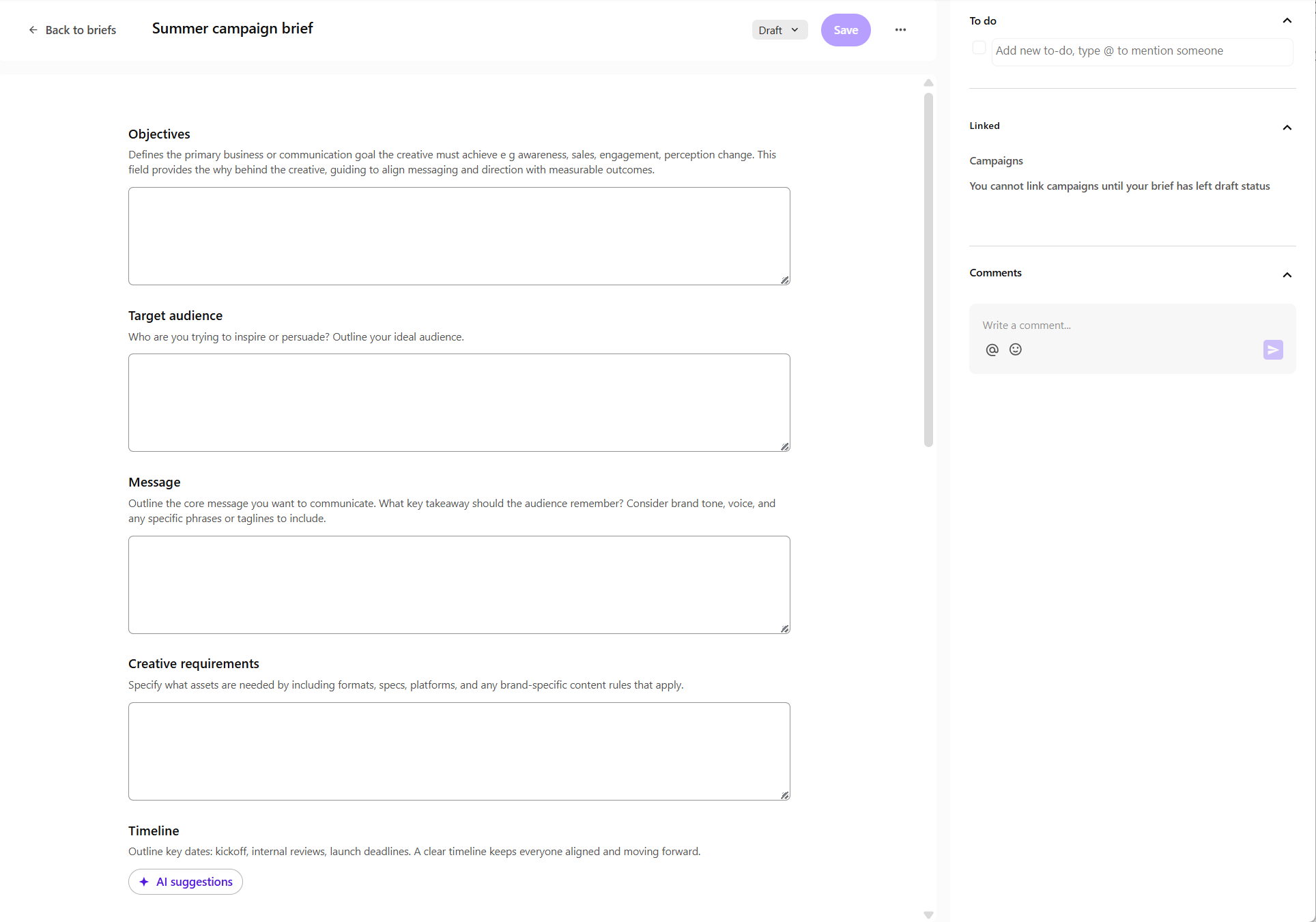 The brief details page shows the fields corresponding brief type selected.