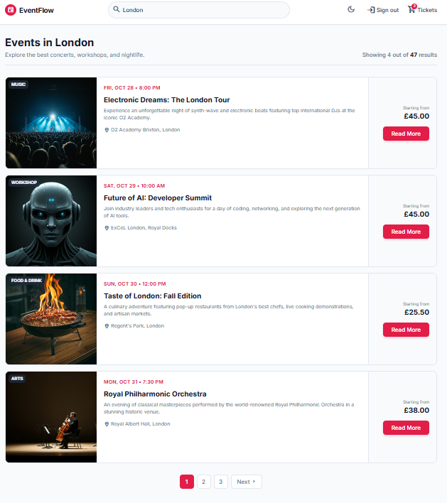 A search experience showing events in London.