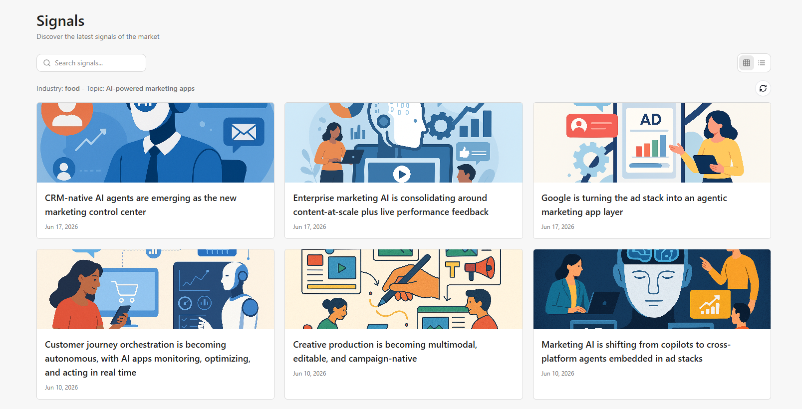 The Signals page is where you can explore and review the latest research insights for a selected topic. The Signals page is where you can explore and review the latest research insights for a selected topic.