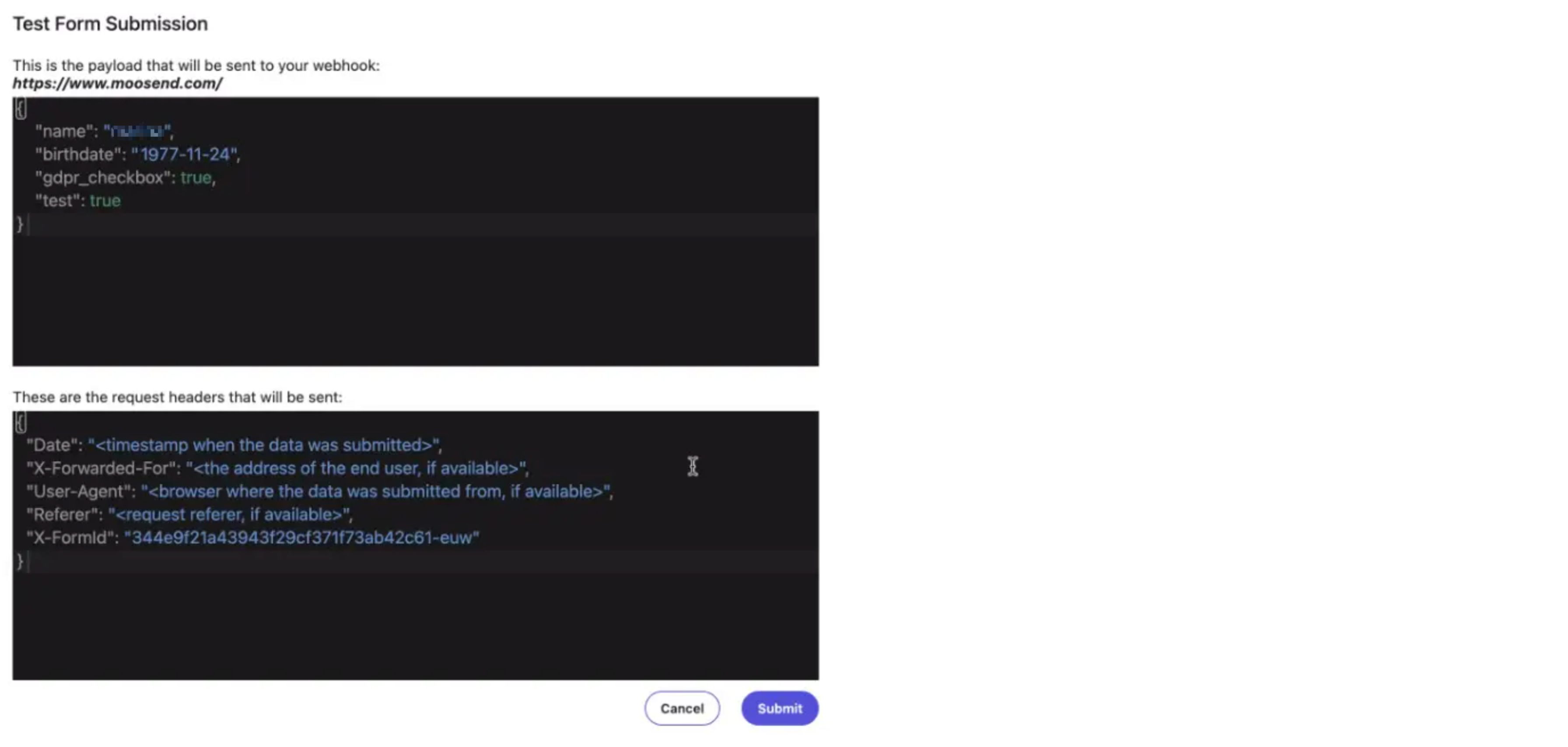 The Test Webhook page showing the payload.