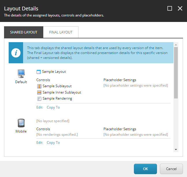 The Shared layout tab in the Layout Details dialog box.