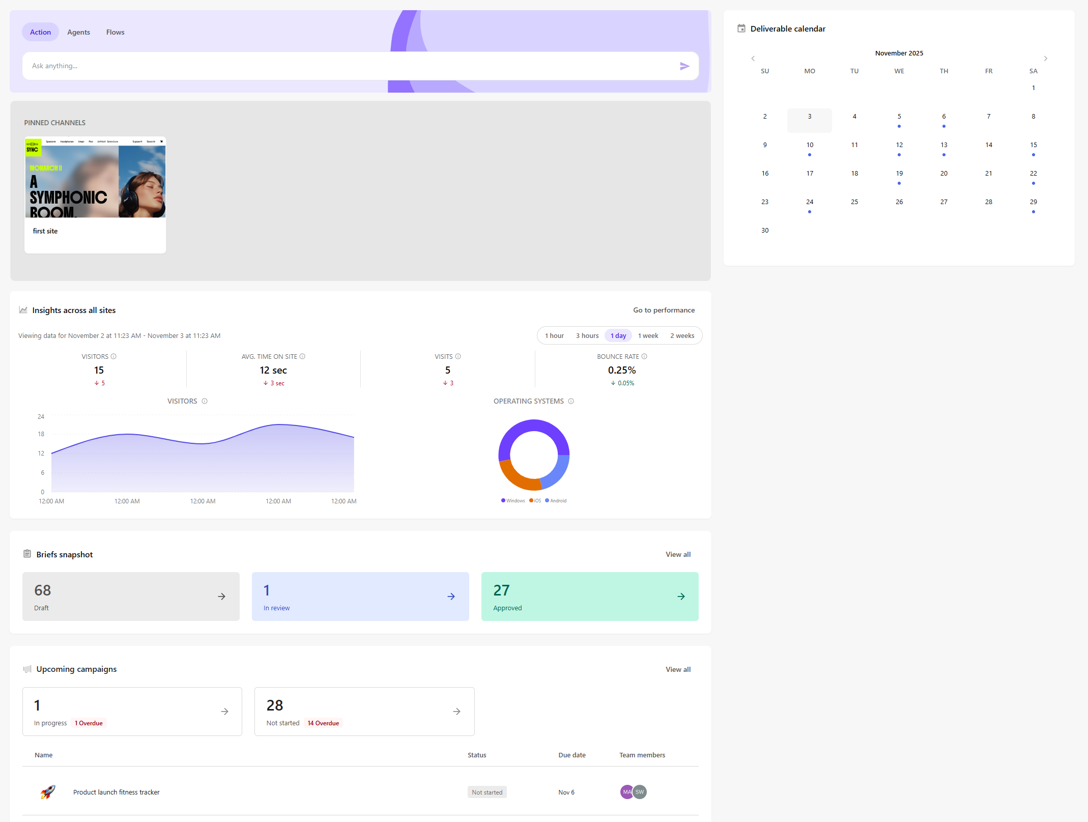 The Overview page on the Strategy tab provides a dashboard of campaigns, briefs, and tasks.