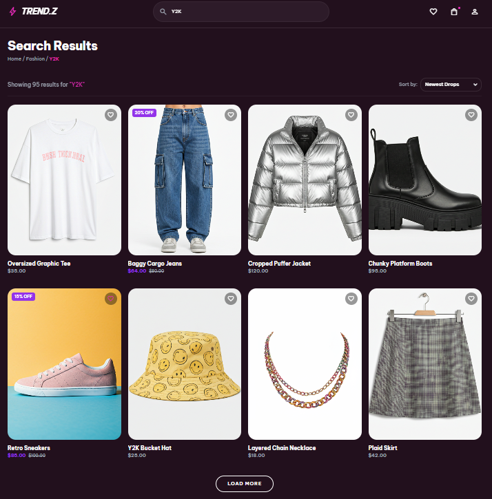 A search experience showing Y2K clothing.