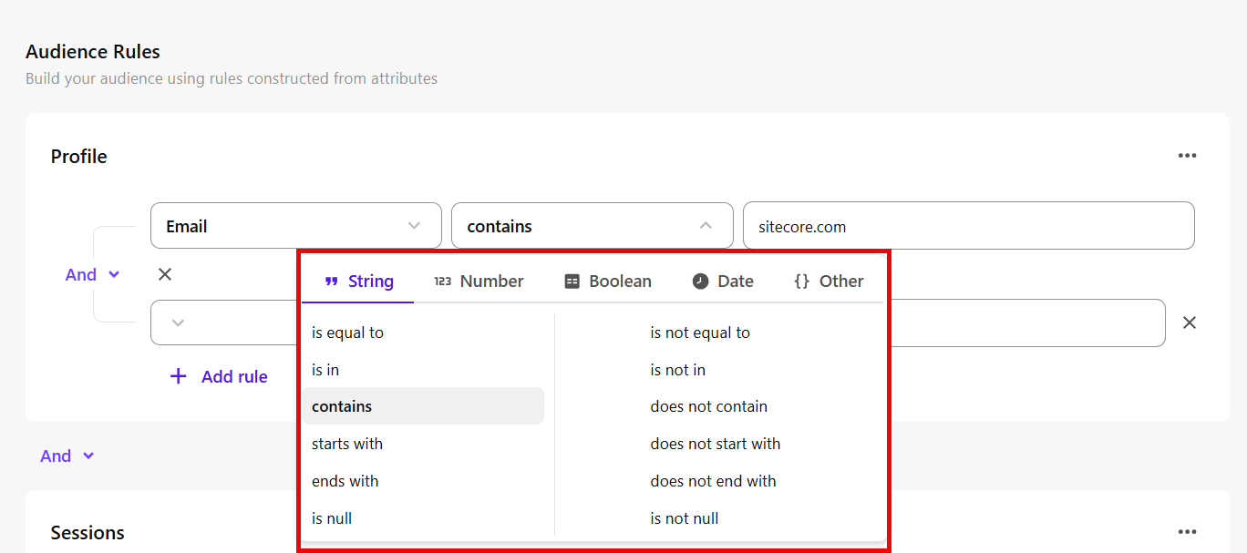 The available comparators can have the type String, Number, Boolean, Date, and Other.