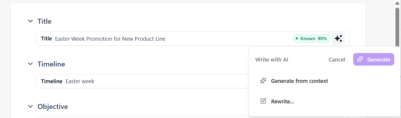The Write with AI dialog provides options to generate the content in an artifact field. The Write with AI dialog provides options to generate the content in an artifact field.