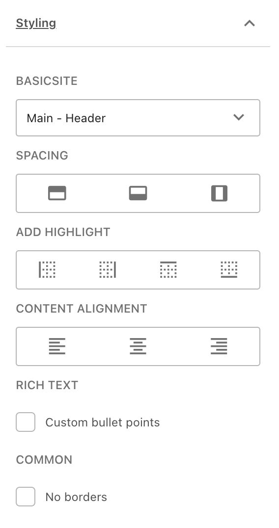 Screenshot of the configuration settings for Styling.
