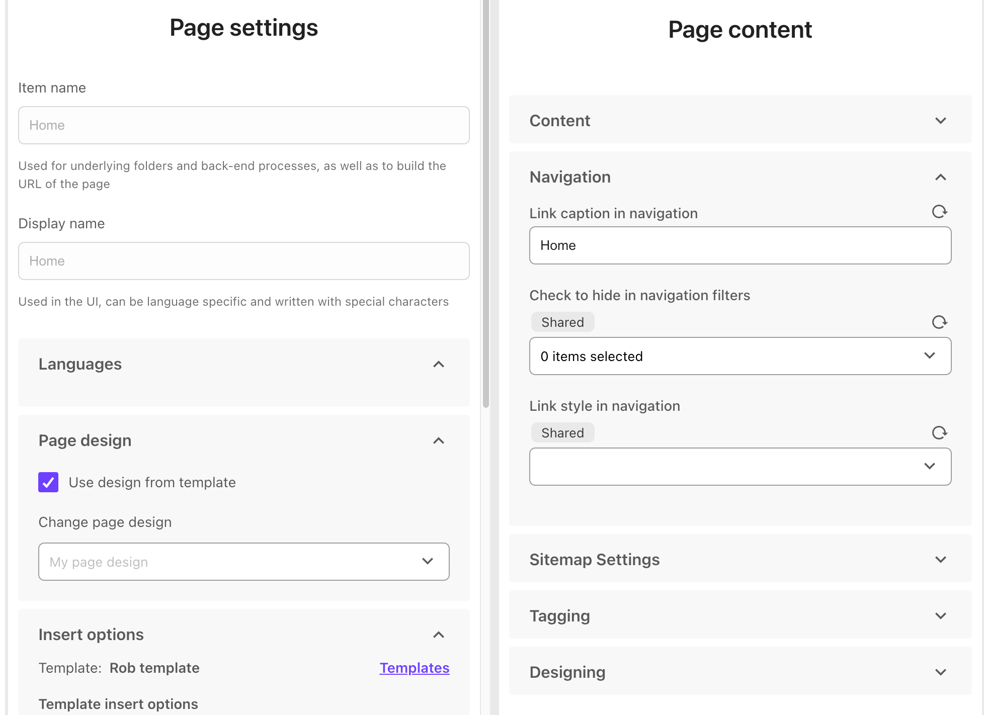 The context panel for Page settings and Page content The context panel for Page settings and Page content