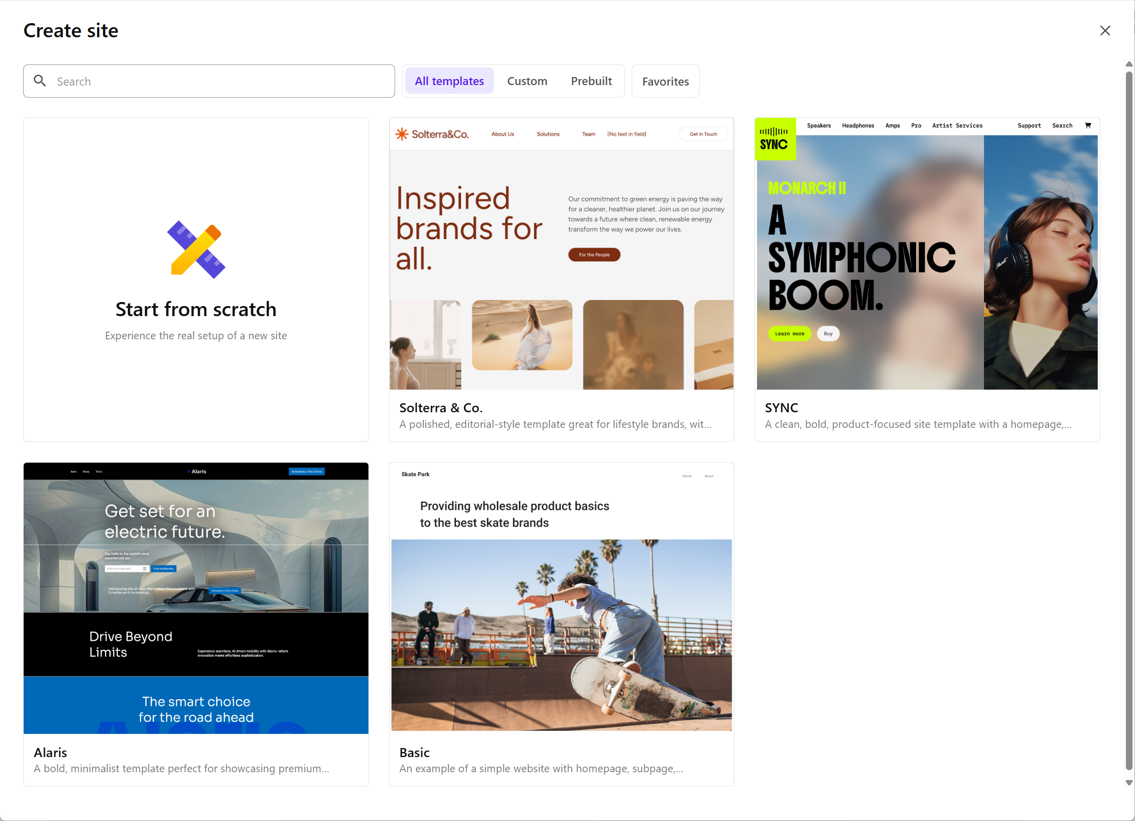 The Create site dialog