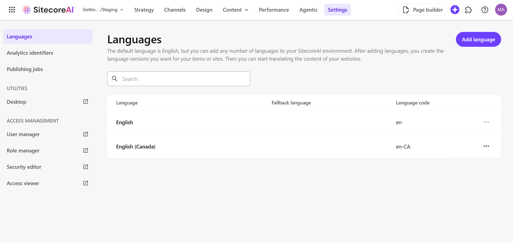 The Languages tab for the environment