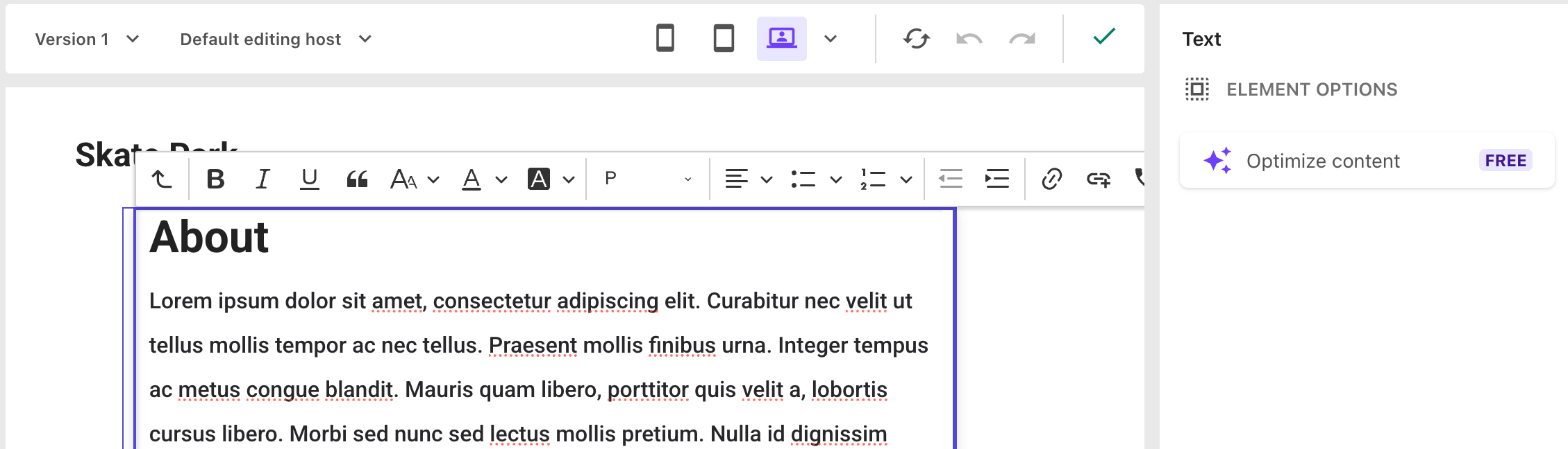 A text field is selected in the canvas