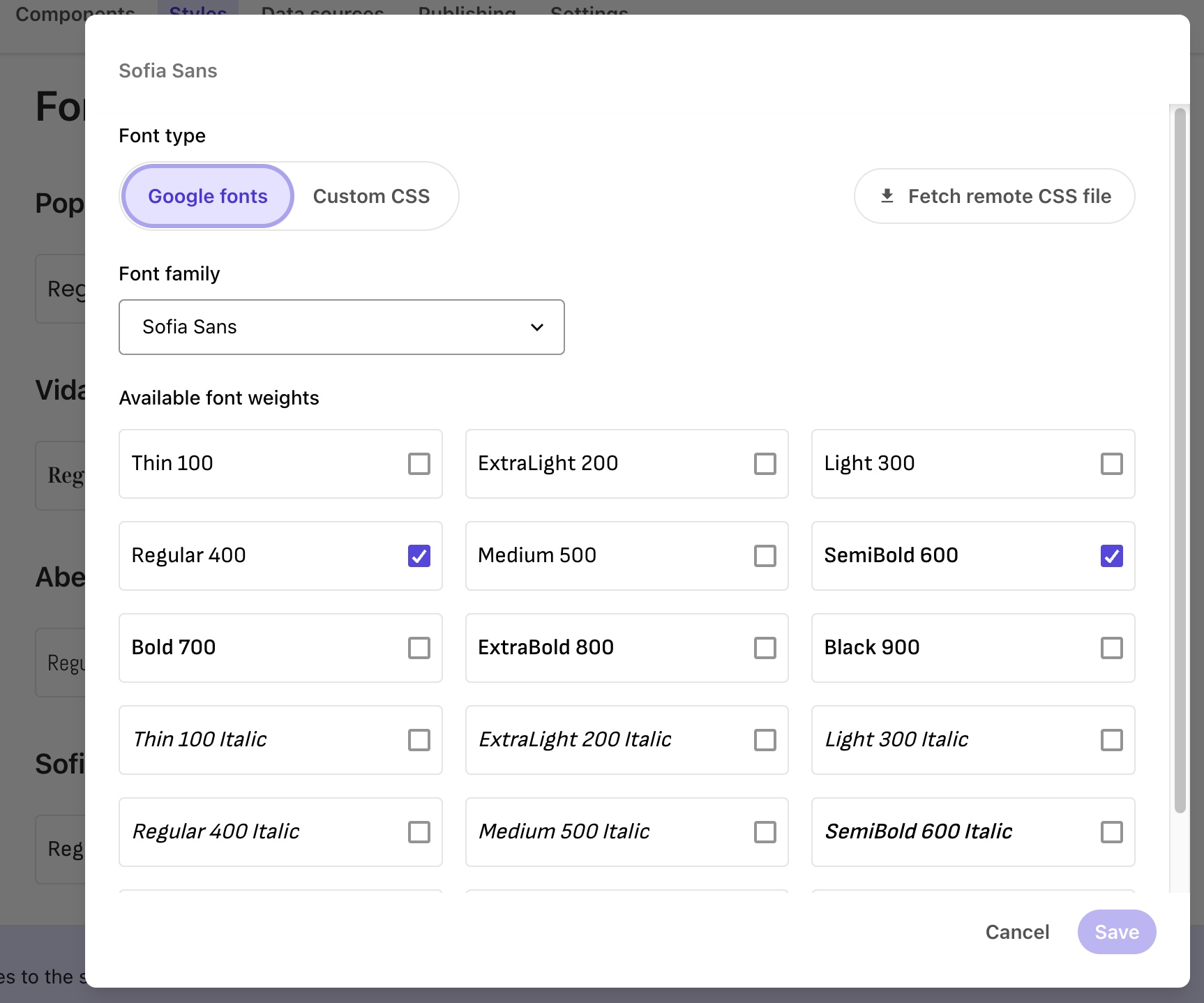 Screenshot of a Google font family in the Styles builder Screenshot of a Google font family in the Styles builder