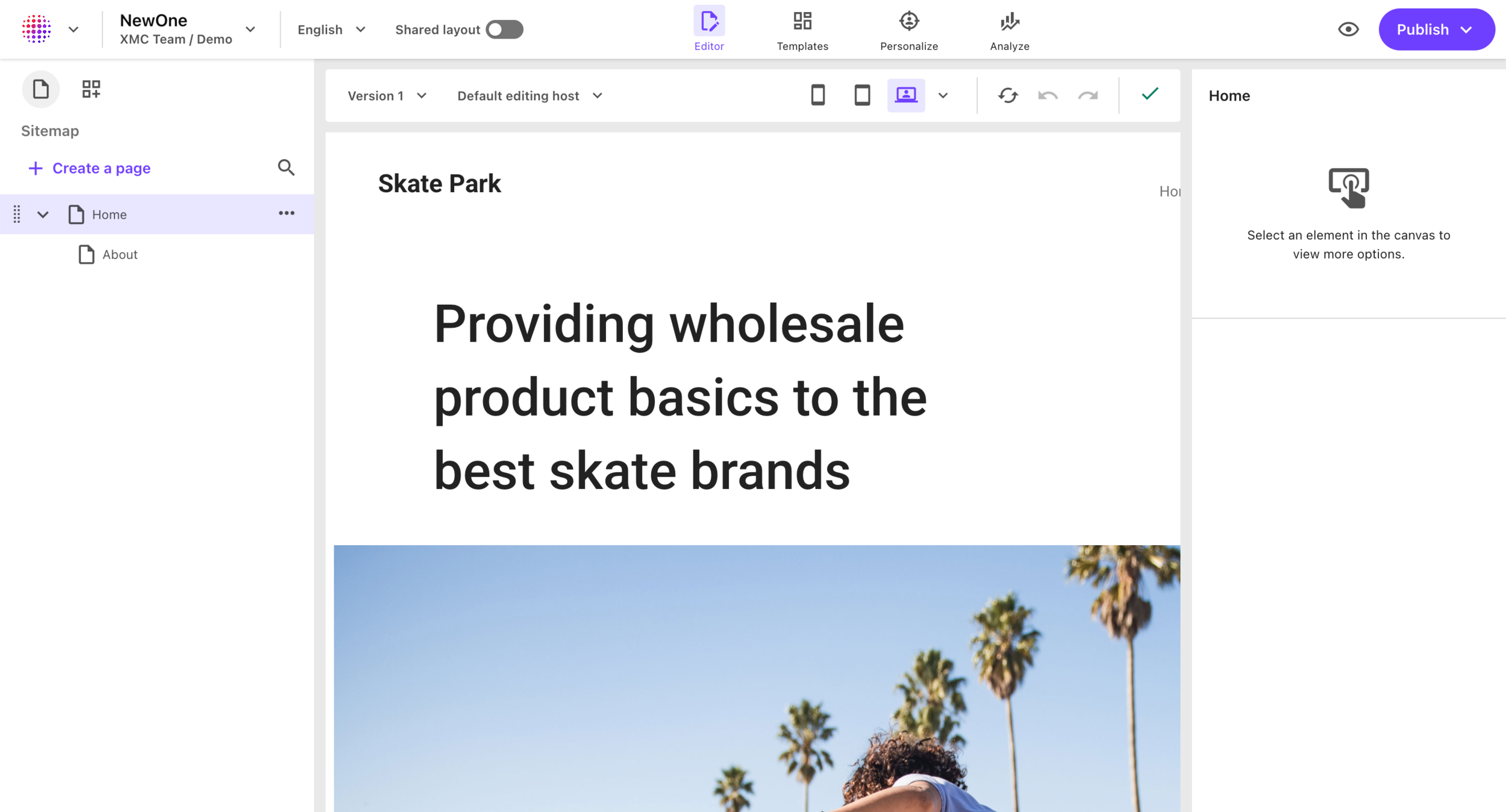 The Home item in Page builder Editor mode The Home item in Page builder Editor mode