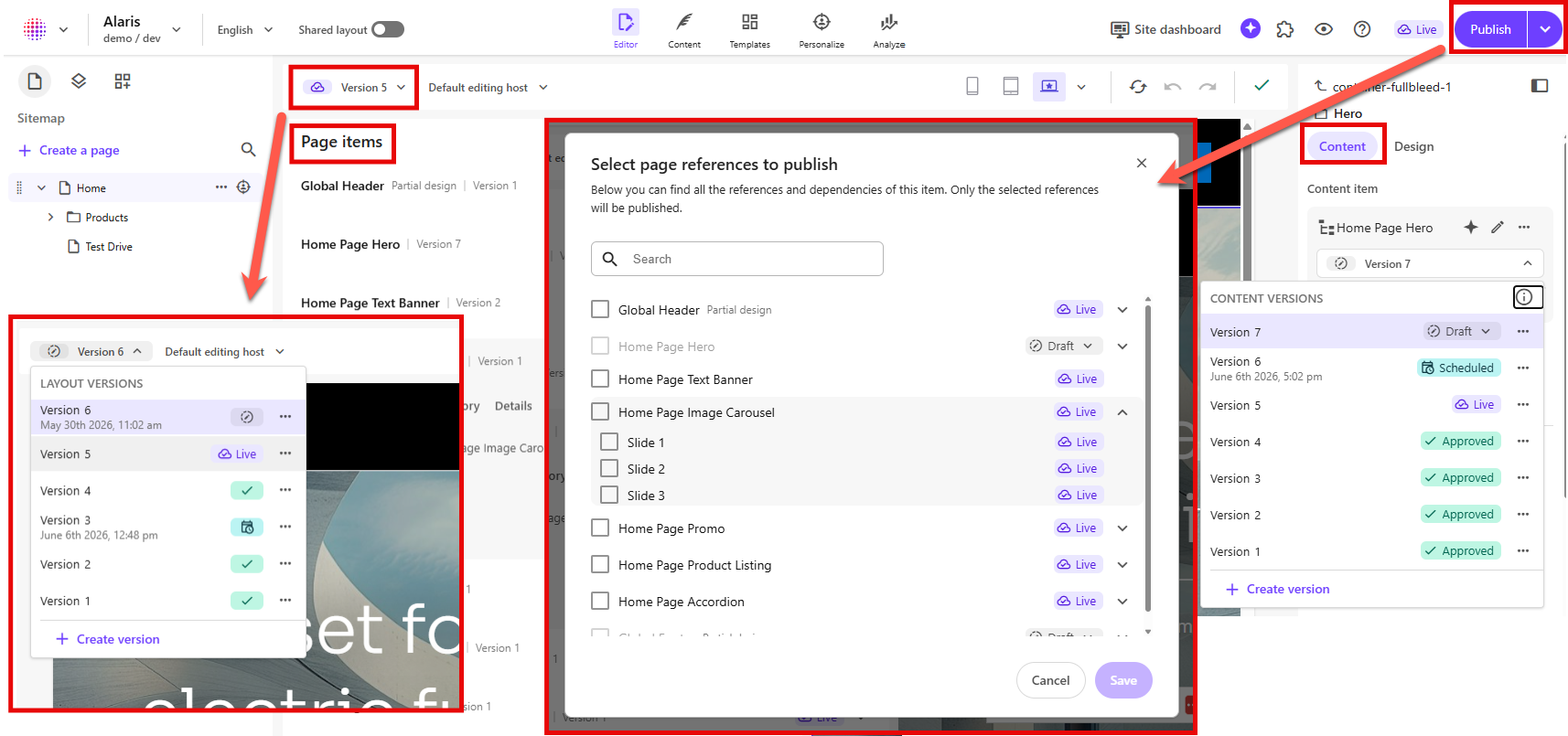 The different areas of the UI where you can see content status