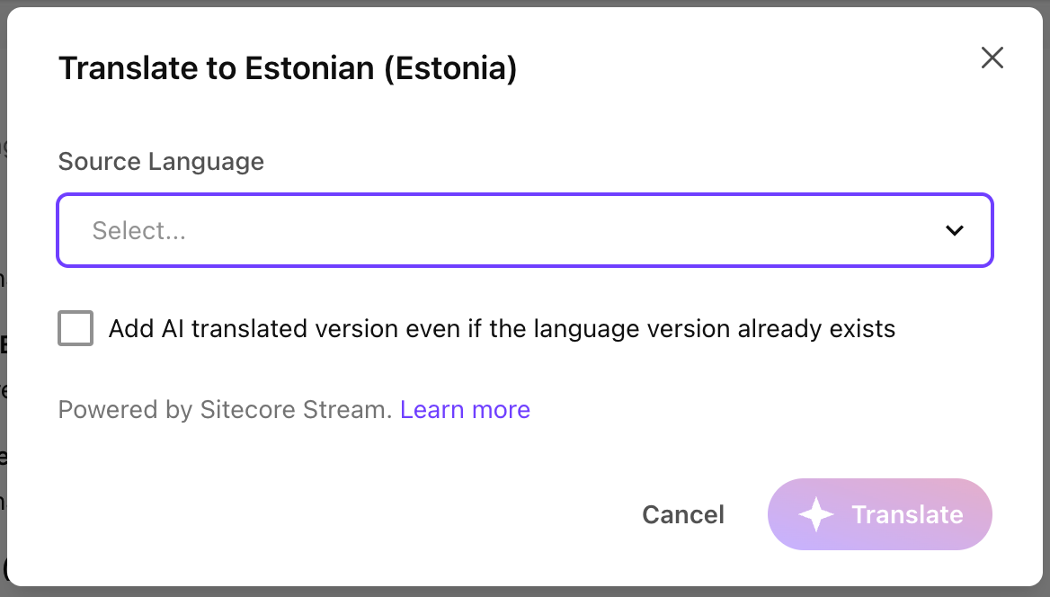 The Translate with AI dialog The Translate with AI dialog