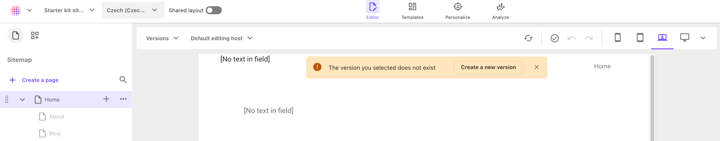 Example of a site tree where a version of a page is missing in the current language. Example of a site tree where a version of a page is missing in the current language.