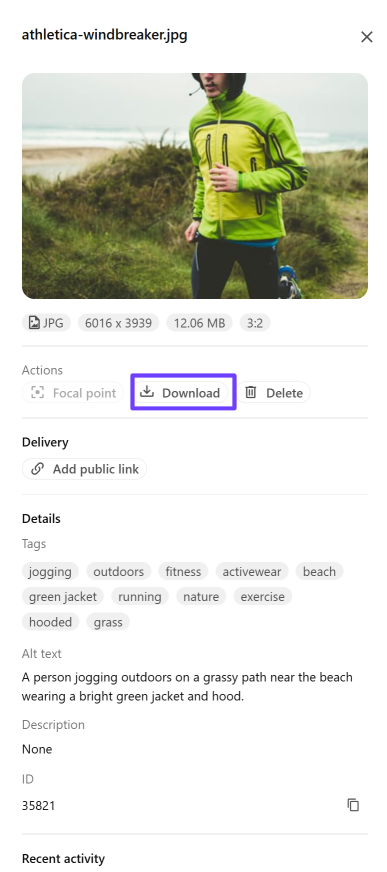 Media item details dialog with thumbnail and item information such as ID Media item details dialog with thumbnail and item information such as ID